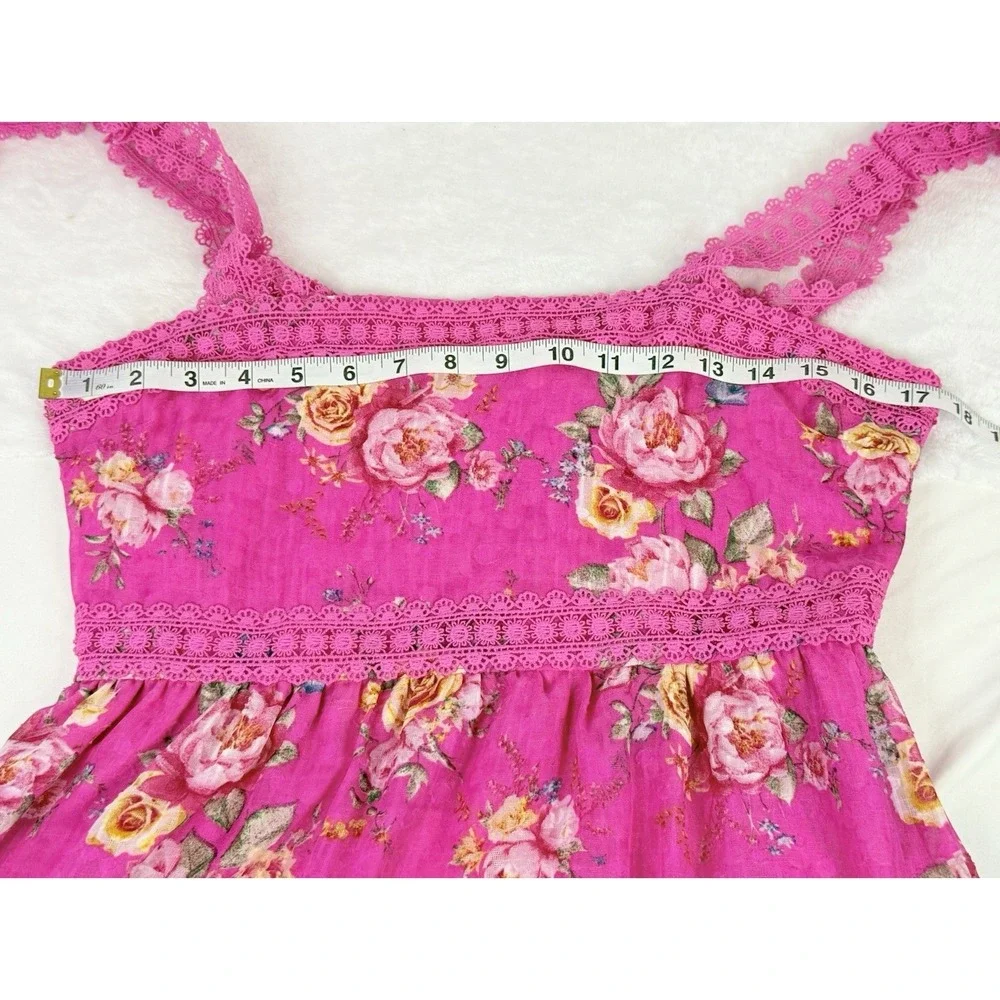 Blu‎ Pepper Pink Floral Lace Trim Maxi Dress Cottagecore Boho Romantic Size L